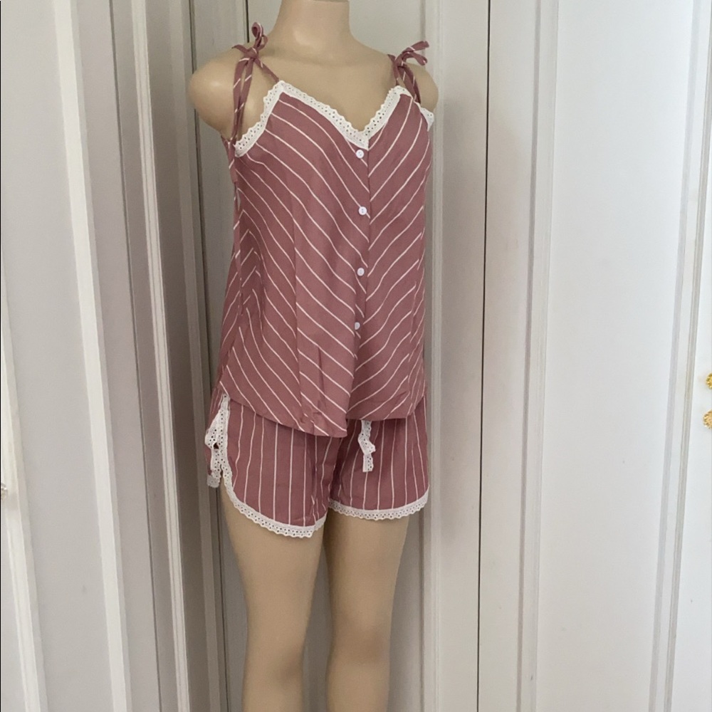 ROSE Lace 2PC Striped Nighty Set- NWT